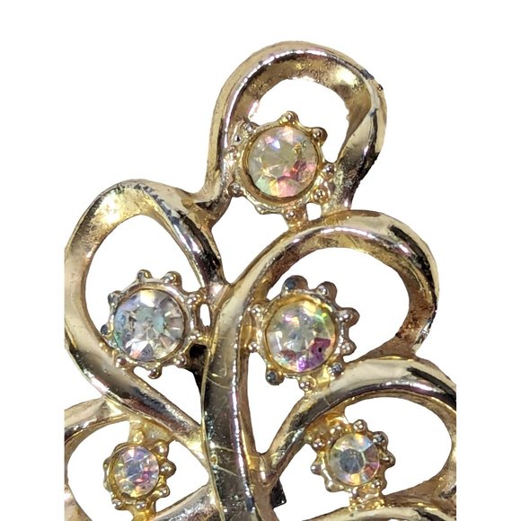 Vintage 1960s Gold Tone Swirl Leaf Brooch Clear Rhinestones 2 x 1.5 inch - Picture 3 of 7